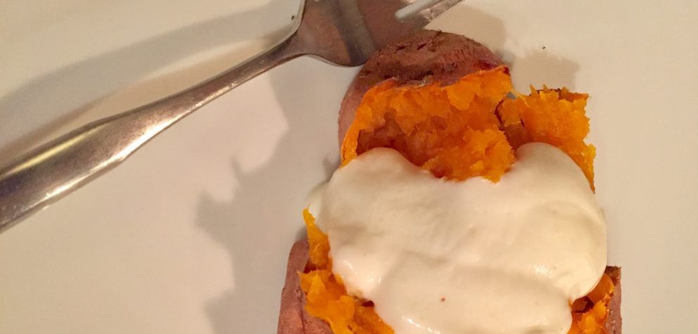 baked sweet potatoes with roasted garlic yogurt